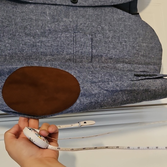 H&M Mens Medium Linen Blazer Blue Elbow Patches Slim Fit Sport Coat Jacket - Picture 2 of 4